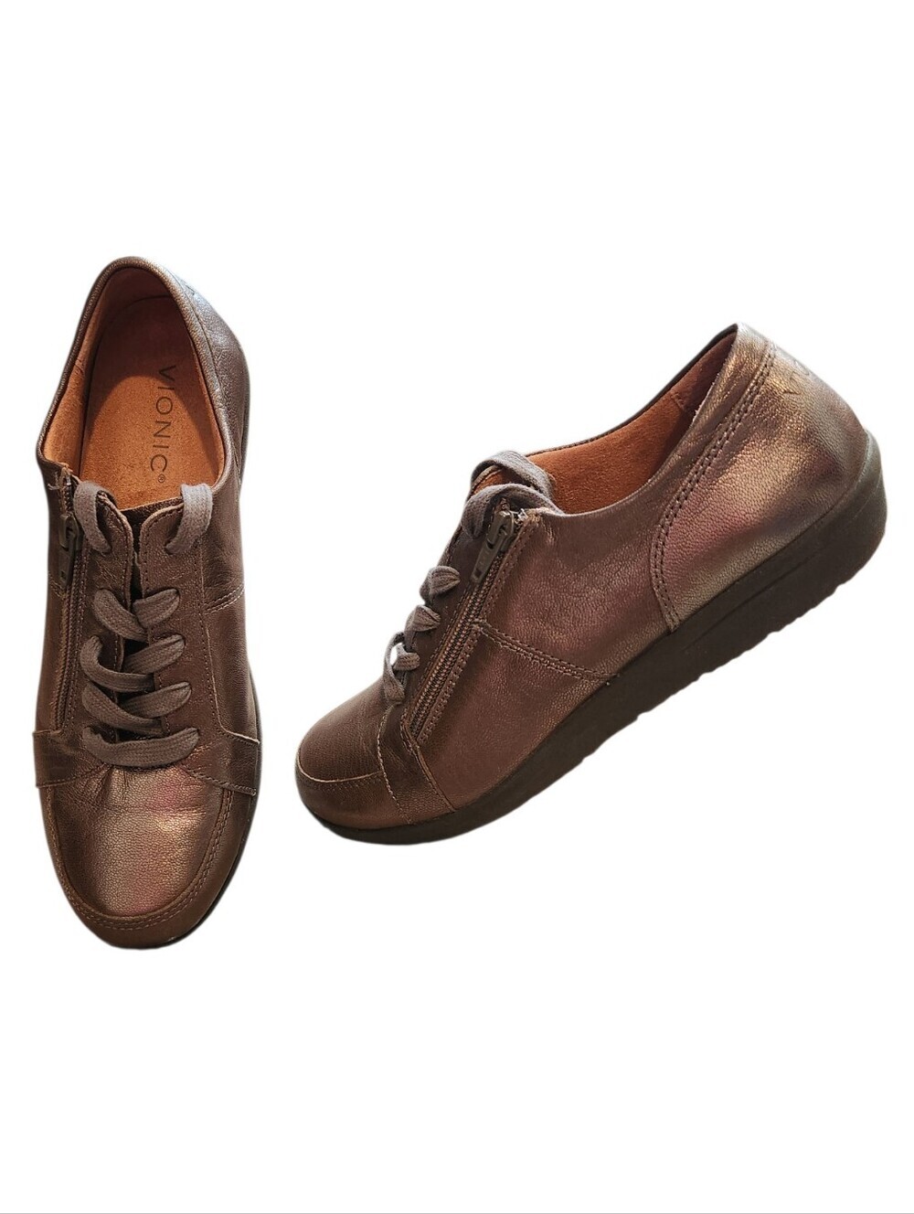 Vionic Abigail Metallic Sneakers Bronze/Pewter Size 8.5 Comfort Walking Everyday